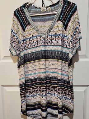 Cato Multicolor Tribal Stripe V‑Neck Tunic